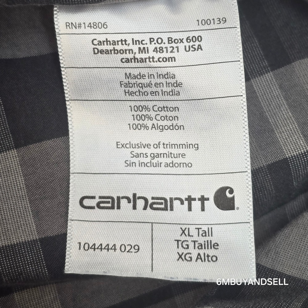 Carhartt Mens XL Tall Relaxed Fit Plaid Button Down Shirt Gray Tan 104444 029 - Picture 5 of 14